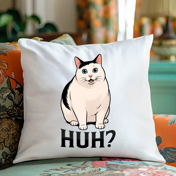 Huh? - bílá kočka - polštář s potiskem