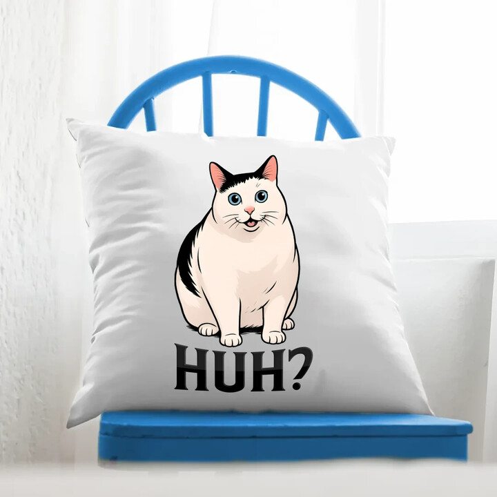 Huh? - bílá kočka - polštář s potiskem