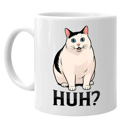 Huh? - bílá kočka - hrnek s potiskem