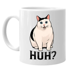 Huh? - bílá kočka - hrnek s potiskem