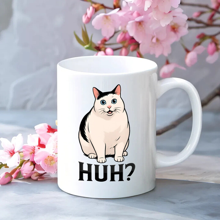 Huh? - bílá kočka - hrnek s potiskem