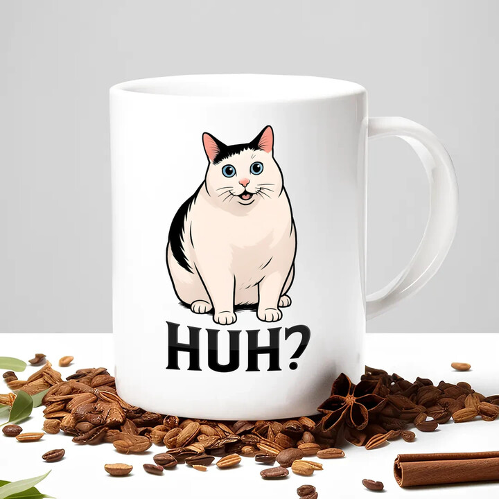 Huh? - bílá kočka - hrnek s potiskem