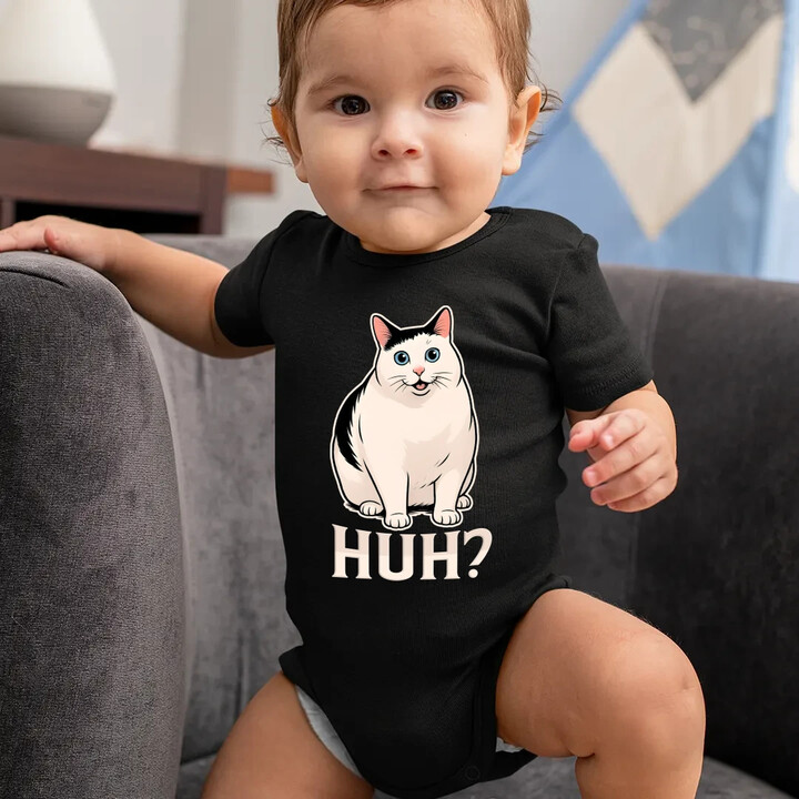 Huh? - bílá kočka - dětské body s potiskem