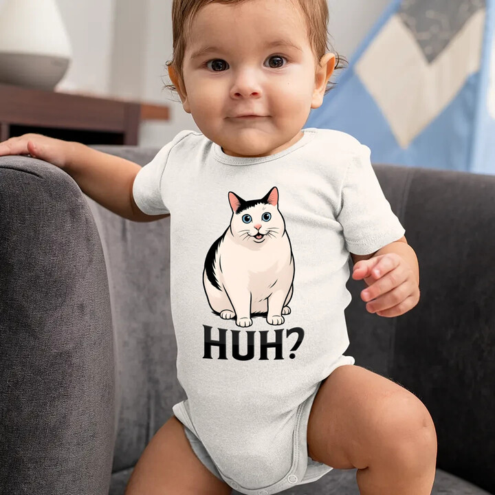 Huh? - bílá kočka - dětské body s potiskem