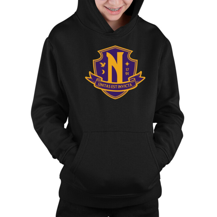 Unitas Est Invicta - Nevermore Academy - dětská mikina s kapucí