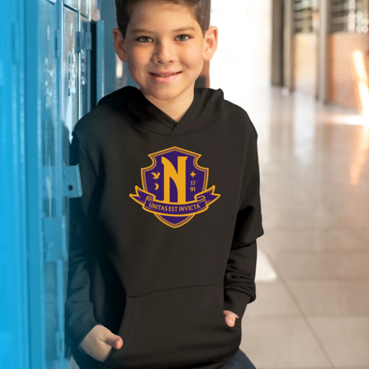 Unitas Est Invicta - Nevermore Academy - dětská mikina s kapucí