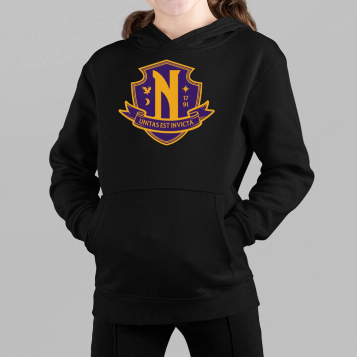 Unitas Est Invicta - Nevermore Academy - dětská mikina s kapucí