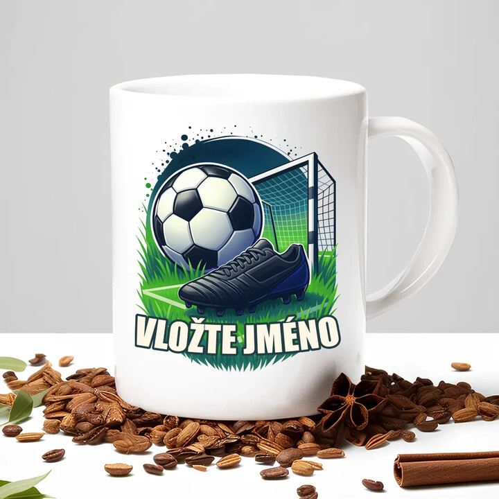 Fotbal (jméno) - míč a hřiště - hrnek s potiskem - personalizovaný produkt