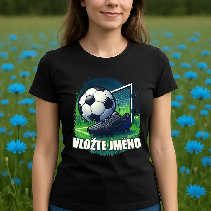 Fotbal (jméno) - míč a hřiště  - dámské tričko s potiskem - personalizovaný produkt