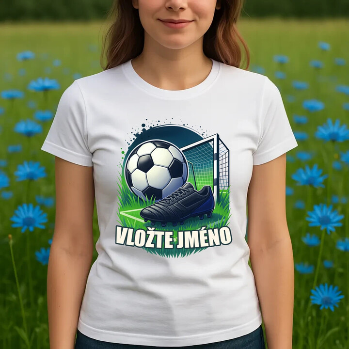 Fotbal (jméno) - míč a hřiště  - dámské tričko s potiskem - personalizovaný produkt