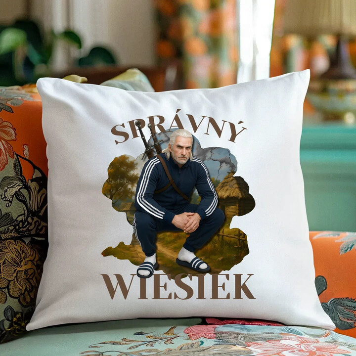 Správný Wiesiek - Geralt v teplákové soupravě - polštář s potiskem