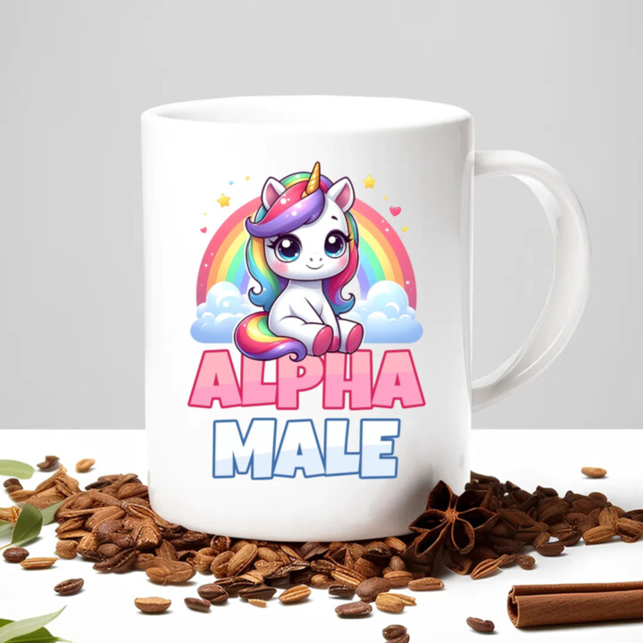 Alpha male - jednorožec s duhou - hrnek s potiskem