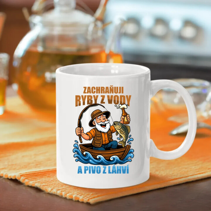 Zachraňuji ryby z vody a pivo z láhví v2 - hrnek s potiskem