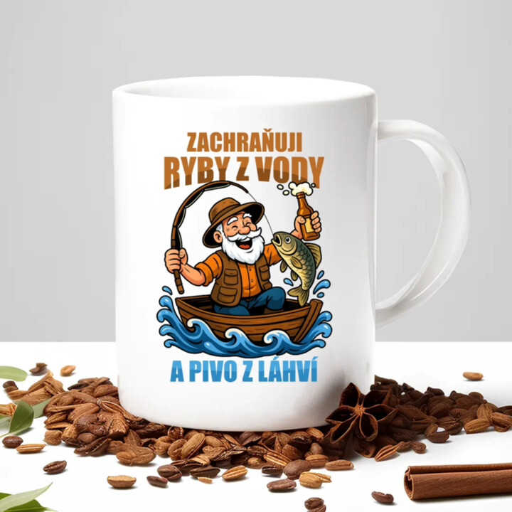 Zachraňuji ryby z vody a pivo z láhví v2 - hrnek s potiskem