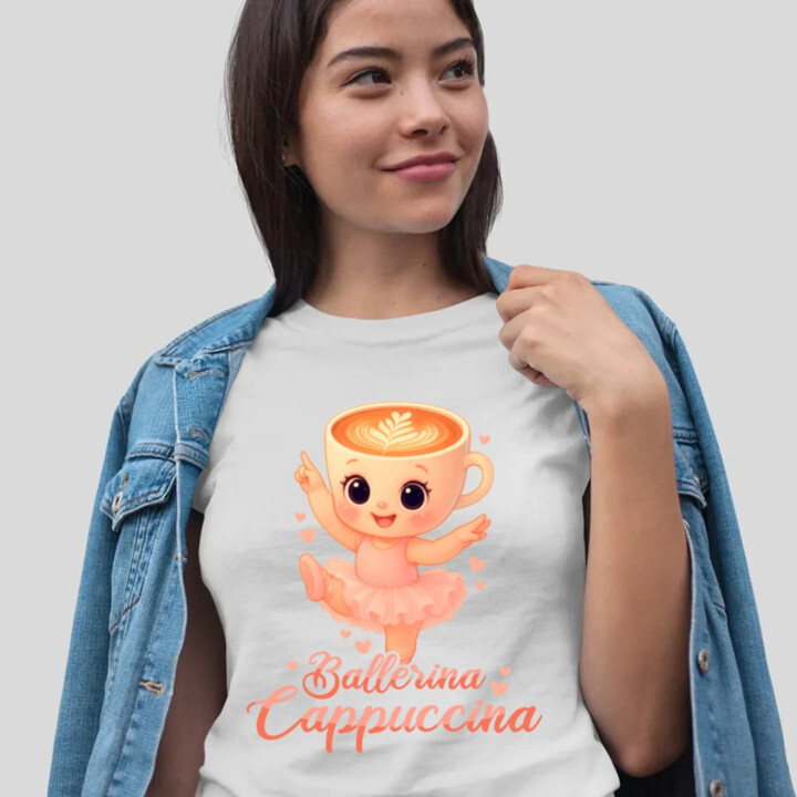 Cappuccina Ballerina Baby V2 - Italian Brainrot - balerína šálek - dětské tričko s potiskem  - dámské tričko s potiskem
