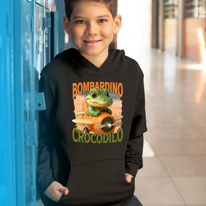 Baby Bombardino Crocodilo - Italian Brainrot - krokodýl bombardér - dětská mikina s kapucí