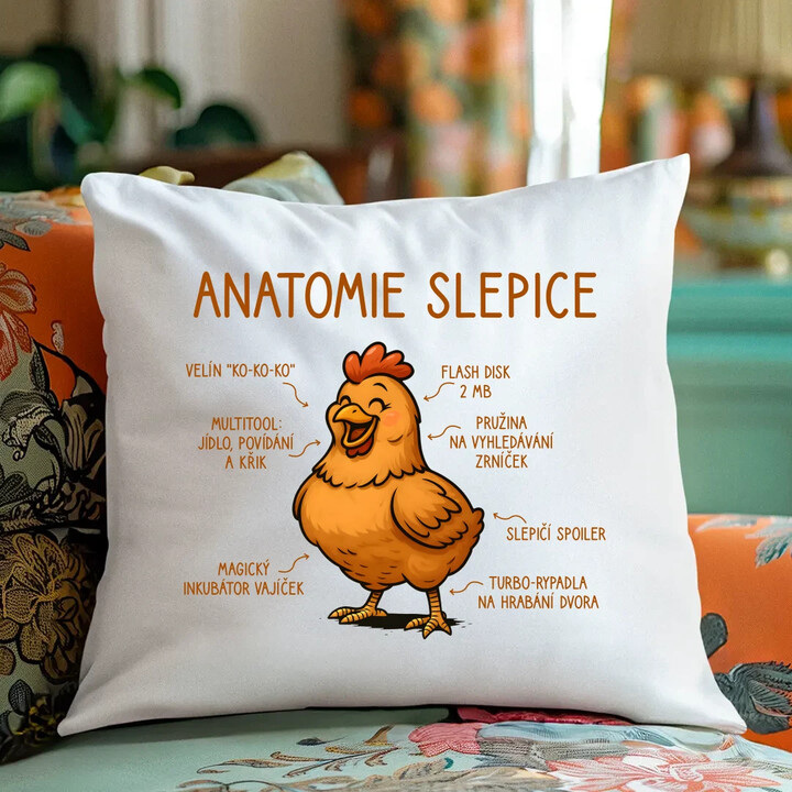 Anatomie slepice - polštář s potiskem