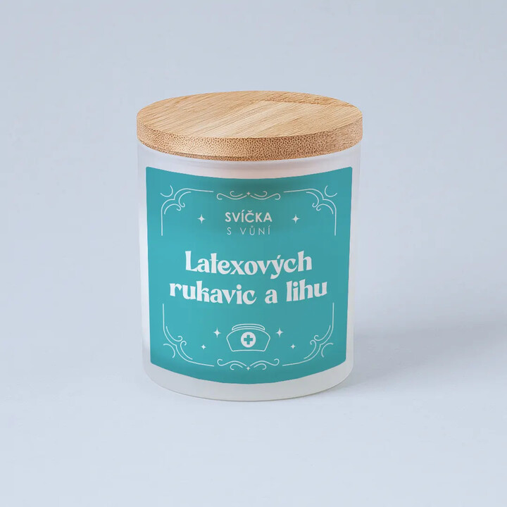 Svíčka s vůní latexových rukavic a lihu - vonná svíčka s potiskem