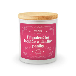 Svíčka s vůní připáleného koláče a sladké paniky - vonná svíčka s potiskem