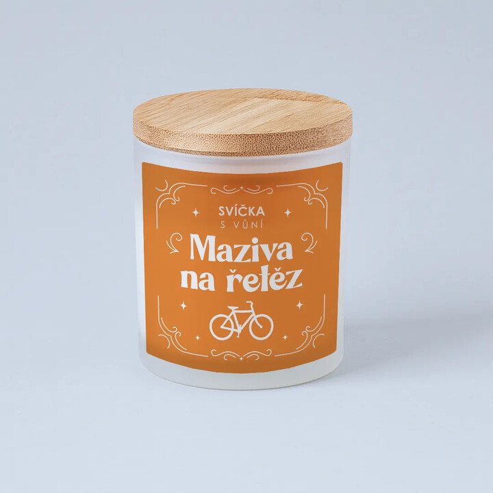 Svíčka s vůní maziva na řetěz - vonná svíčka s potiskem