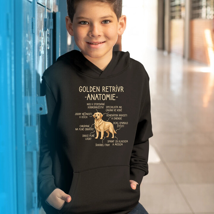 Golden retrívr - anatomie - dětská mikina s kapucí