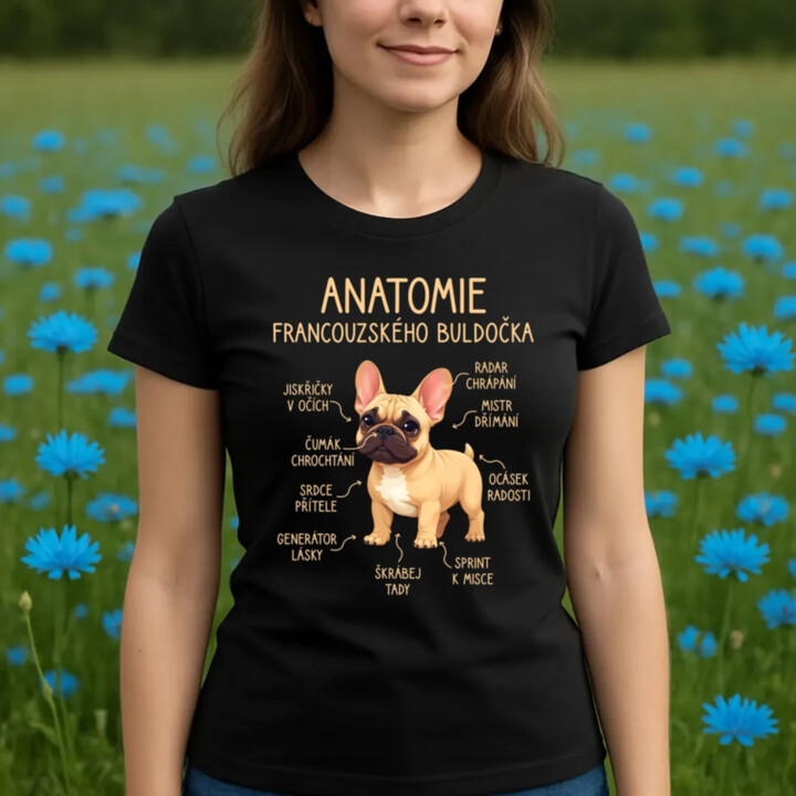 Anatomie francouzského buldočka - béžový  - dámské tričko s potiskem