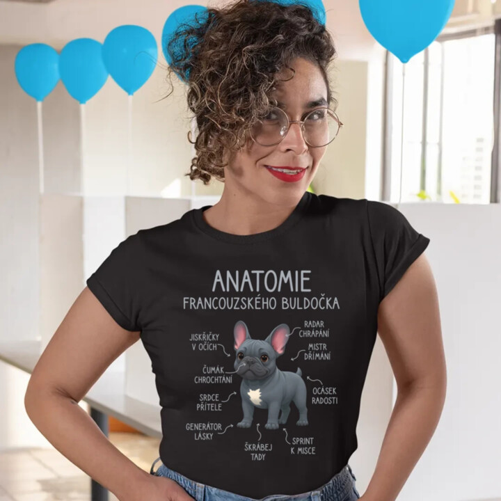 Anatomie francouzského buldočka - modrý  - dámské tričko s potiskem