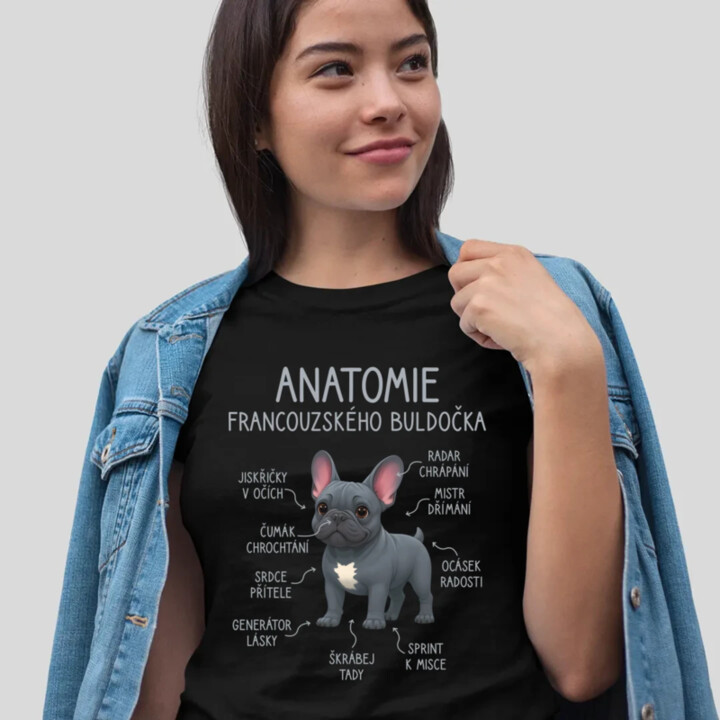 Anatomie francouzského buldočka - modrý  - dámské tričko s potiskem