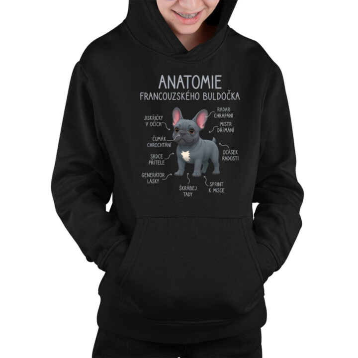 Anatomie francouzského buldočka - modrý - dětská mikina s kapucí