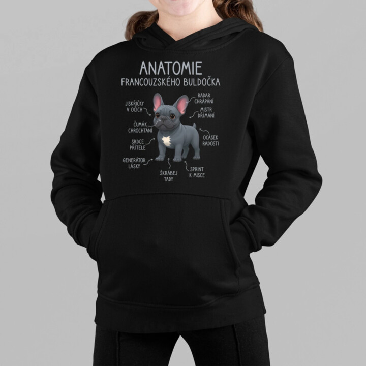 Anatomie francouzského buldočka - modrý - dětská mikina s kapucí