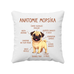 Anatomie mopsíka - polštář s potiskem