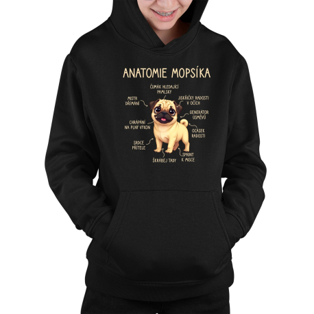 Anatomie mopsíka - dětská mikina s kapucí