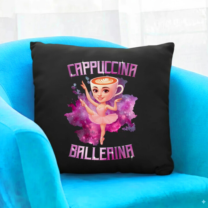 Ballerina Cappuccina - Italian Brainrot - černý polštář s potiskem
