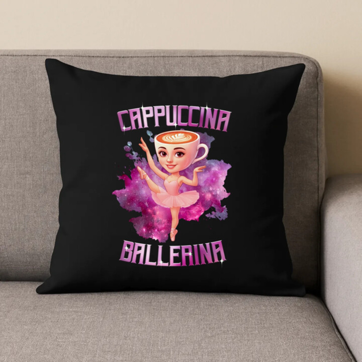 Ballerina Cappuccina - Italian Brainrot - černý polštář s potiskem