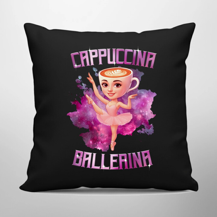 Ballerina Cappuccina - Italian Brainrot - černý polštář s potiskem