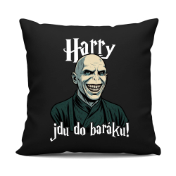 Harry, jdu do baráku! - černý polštář s potiskem pro fanoušky Harryho Pottera