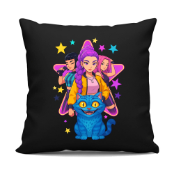 Rumi, Mira i Zoey - Huntrix v2 - černý polštář s potiskem pro fanoušky huntrix kpop demon hunters