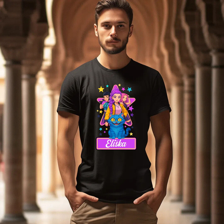 Rumi, Mira i Zoey - Huntrix - vložte jméno  - pánské tričko s potiskem pro fanoušky kpop demon hunters - personalizovaný produkt