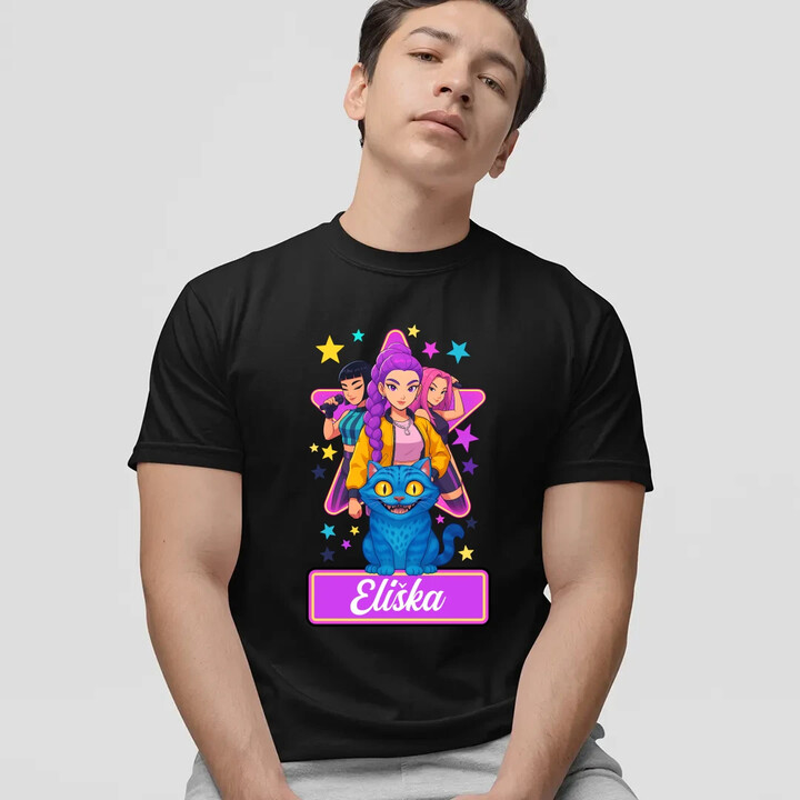 Rumi, Mira i Zoey - Huntrix - vložte jméno  - pánské tričko s potiskem pro fanoušky kpop demon hunters - personalizovaný produkt