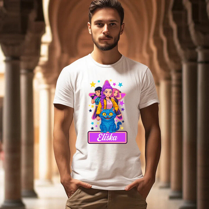 Rumi, Mira i Zoey - Huntrix - vložte jméno  - pánské tričko s potiskem pro fanoušky kpop demon hunters - personalizovaný produkt