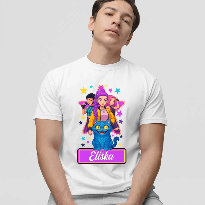 Rumi, Mira i Zoey - Huntrix - vložte jméno  - pánské tričko s potiskem pro fanoušky kpop demon hunters - personalizovaný produkt