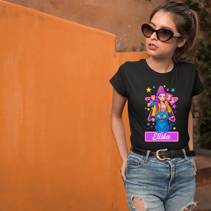 Rumi, Mira i Zoey - Huntrix - vložte jméno - dámské tričko s potiskem pro fanoušky kpop demon hunters - personalizovaný produkt