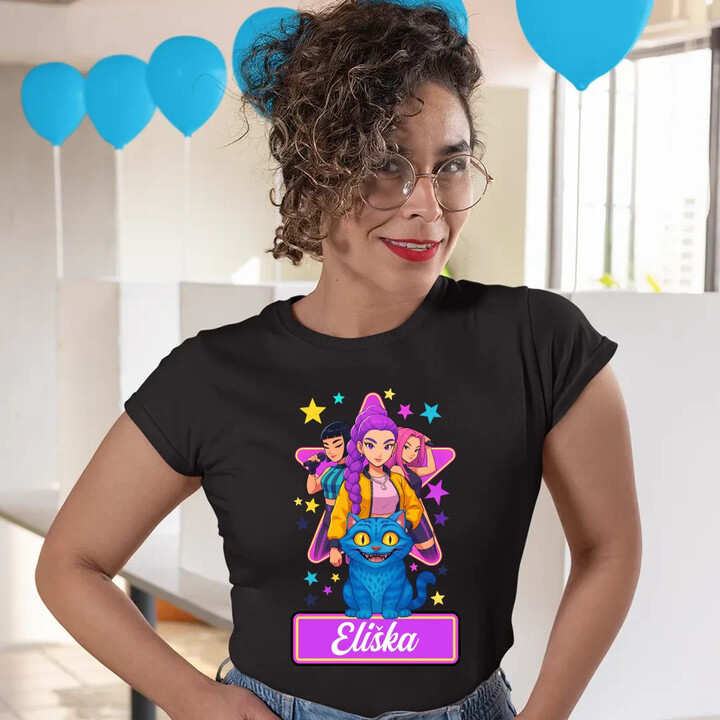 Rumi, Mira i Zoey - Huntrix - vložte jméno - dámské tričko s potiskem pro fanoušky kpop demon hunters - personalizovaný produkt
