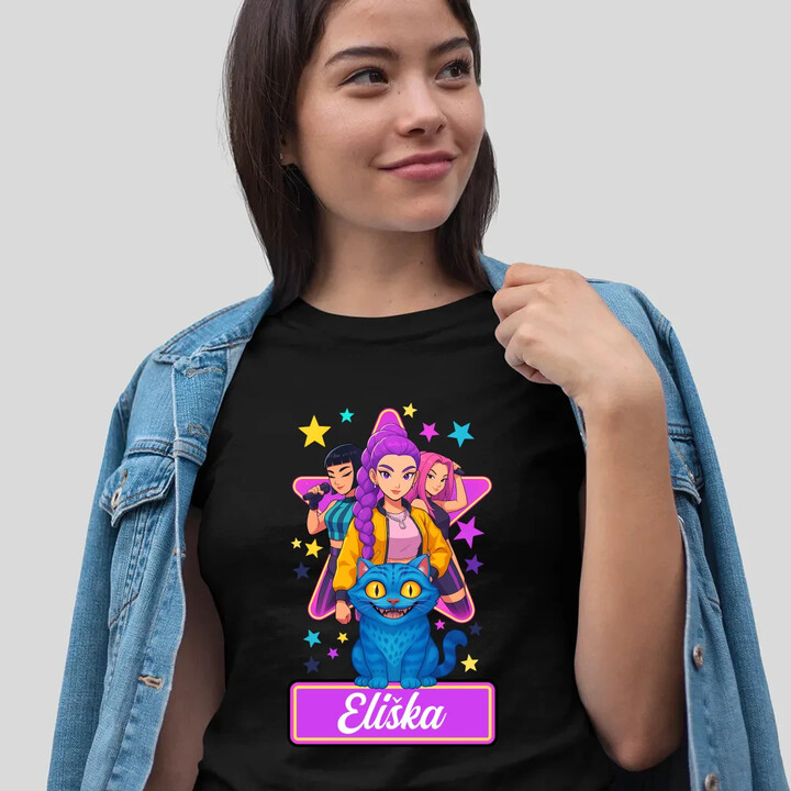 Rumi, Mira i Zoey - Huntrix - vložte jméno - dámské tričko s potiskem pro fanoušky kpop demon hunters - personalizovaný produkt
