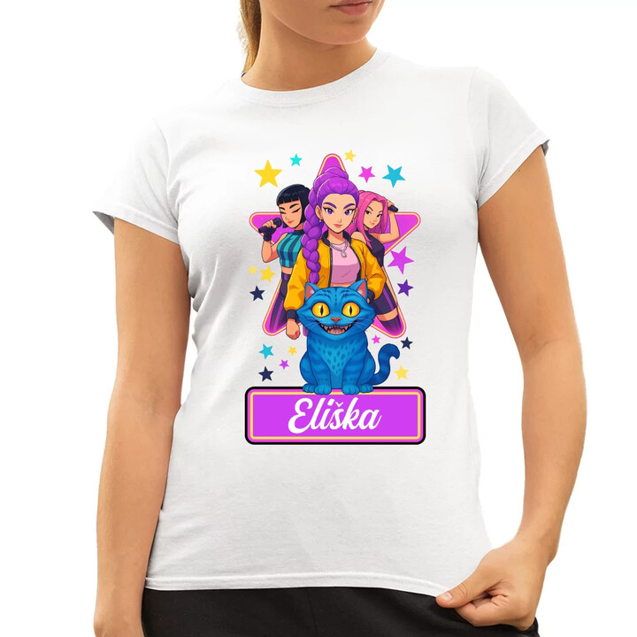 Rumi, Mira i Zoey - Huntrix - vložte jméno - dámské tričko s potiskem pro fanoušky kpop demon hunters - personalizovaný produkt