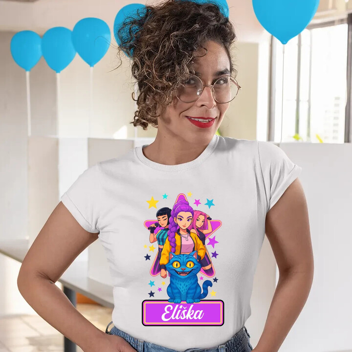 Rumi, Mira i Zoey - Huntrix - vložte jméno - dámské tričko s potiskem pro fanoušky kpop demon hunters - personalizovaný produkt
