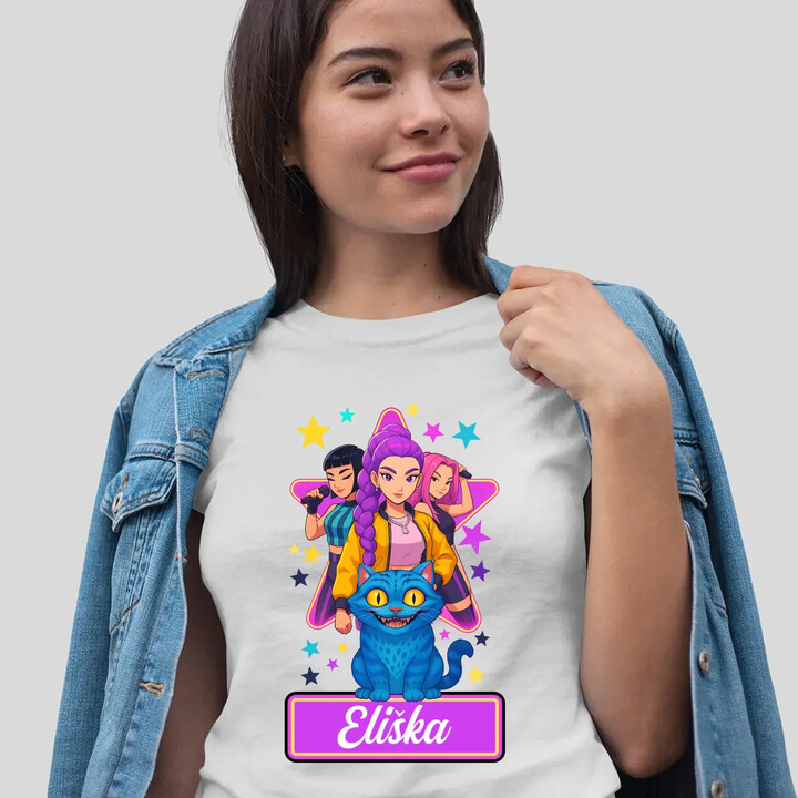 Rumi, Mira i Zoey - Huntrix - vložte jméno - dámské tričko s potiskem pro fanoušky kpop demon hunters - personalizovaný produkt