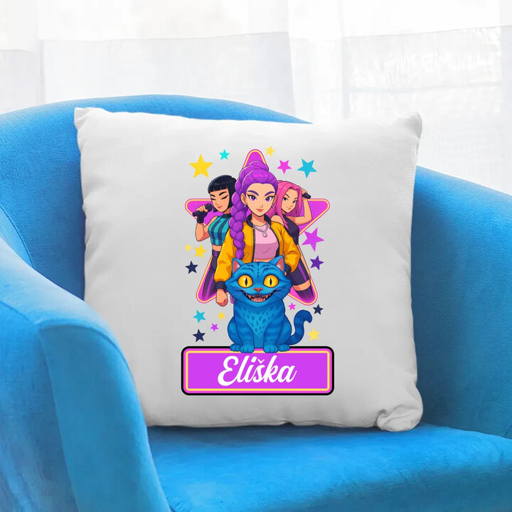 Rumi, Mira i Zoey - Huntrix - vložte jméno  - polštář s potiskem pro fanoušky kpop demon hunters - personalizovaný produkt