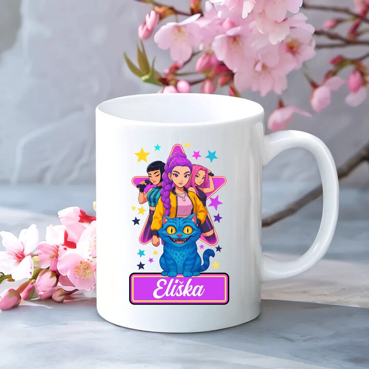 Rumi, Mira i Zoey - Huntrix - vložte jméno  - hrnek s potiskem pro fanoušky kpop demon hunters - personalizovaný produkt