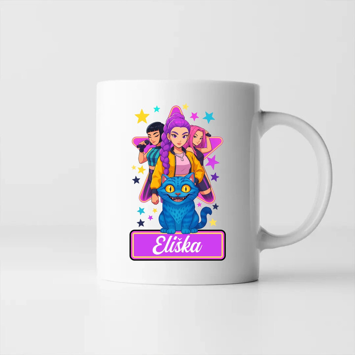 Rumi, Mira i Zoey - Huntrix - vložte jméno  - hrnek s potiskem pro fanoušky kpop demon hunters - personalizovaný produkt
